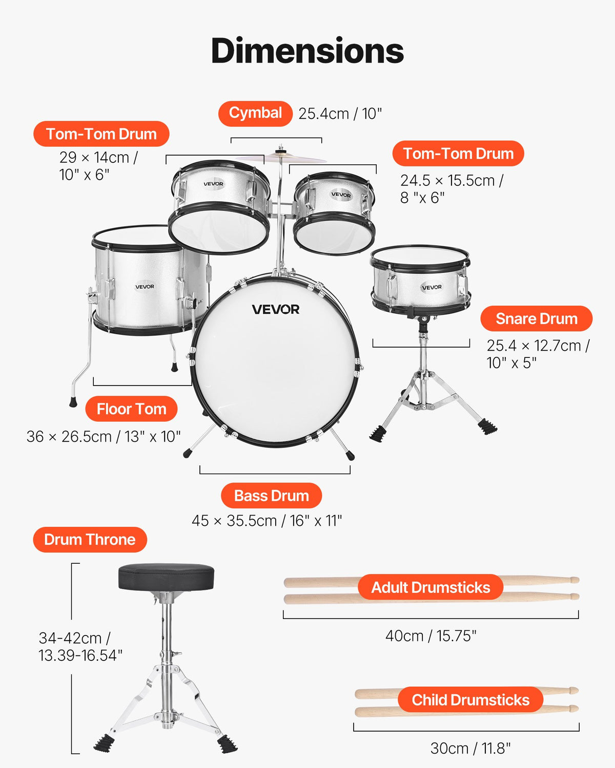 VEVOR Kids Drum Set, 5-Piece 16 in / 406.4 mm Junior Drum Sets, Beginner Drums Set with Adjustable Throne and Two Pairs of Drumsticks, Musical Learning Drums Instrument Kit, for Children Ages 6-13(Silver)