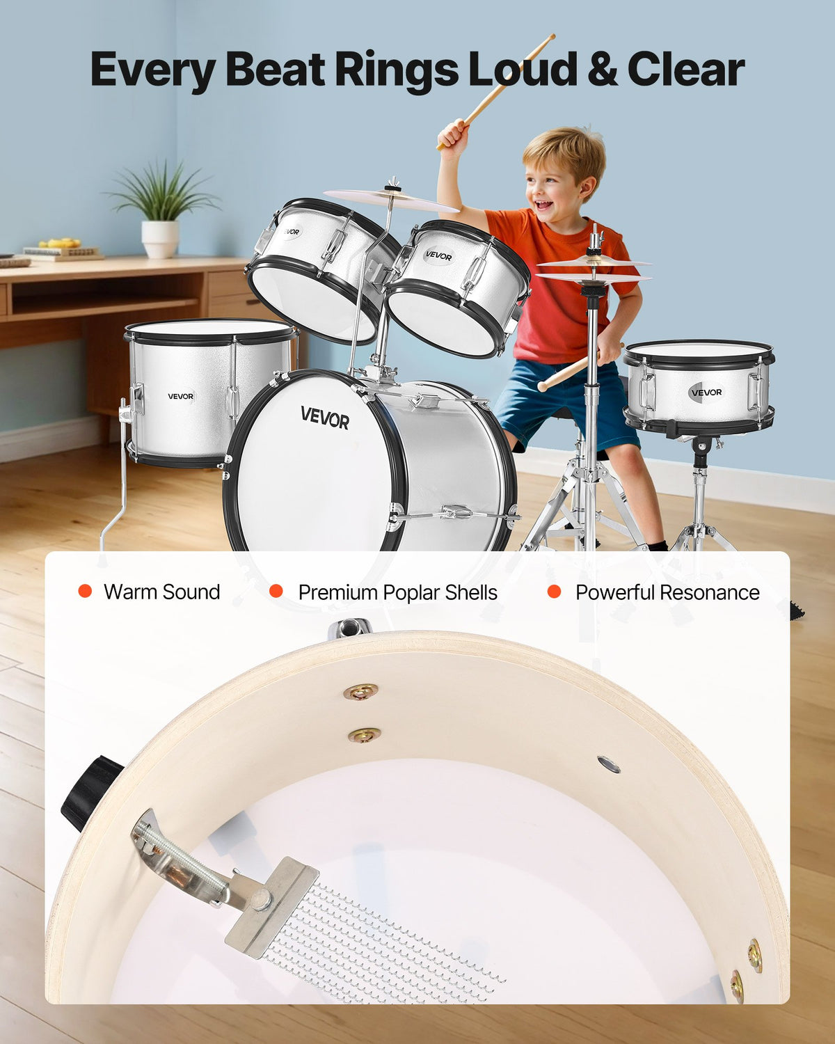 VEVOR Kids Drum Set, 5-Piece 16 in / 406.4 mm Junior Drum Sets, Beginner Drums Set with Adjustable Throne and Two Pairs of Drumsticks, Musical Learning Drums Instrument Kit, for Children Ages 6-13(Silver)