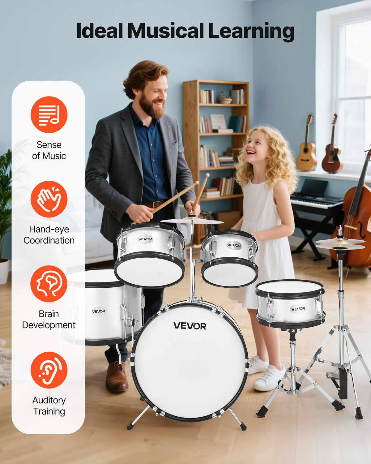VEVOR Kids Drum Set, 5-Piece 16 in / 406.4 mm Junior Drum Sets, Beginner Drums Set with Adjustable Throne and Two Pairs of Drumsticks, Musical Learning Drums Instrument Kit, for Children Ages 6-13(Silver)