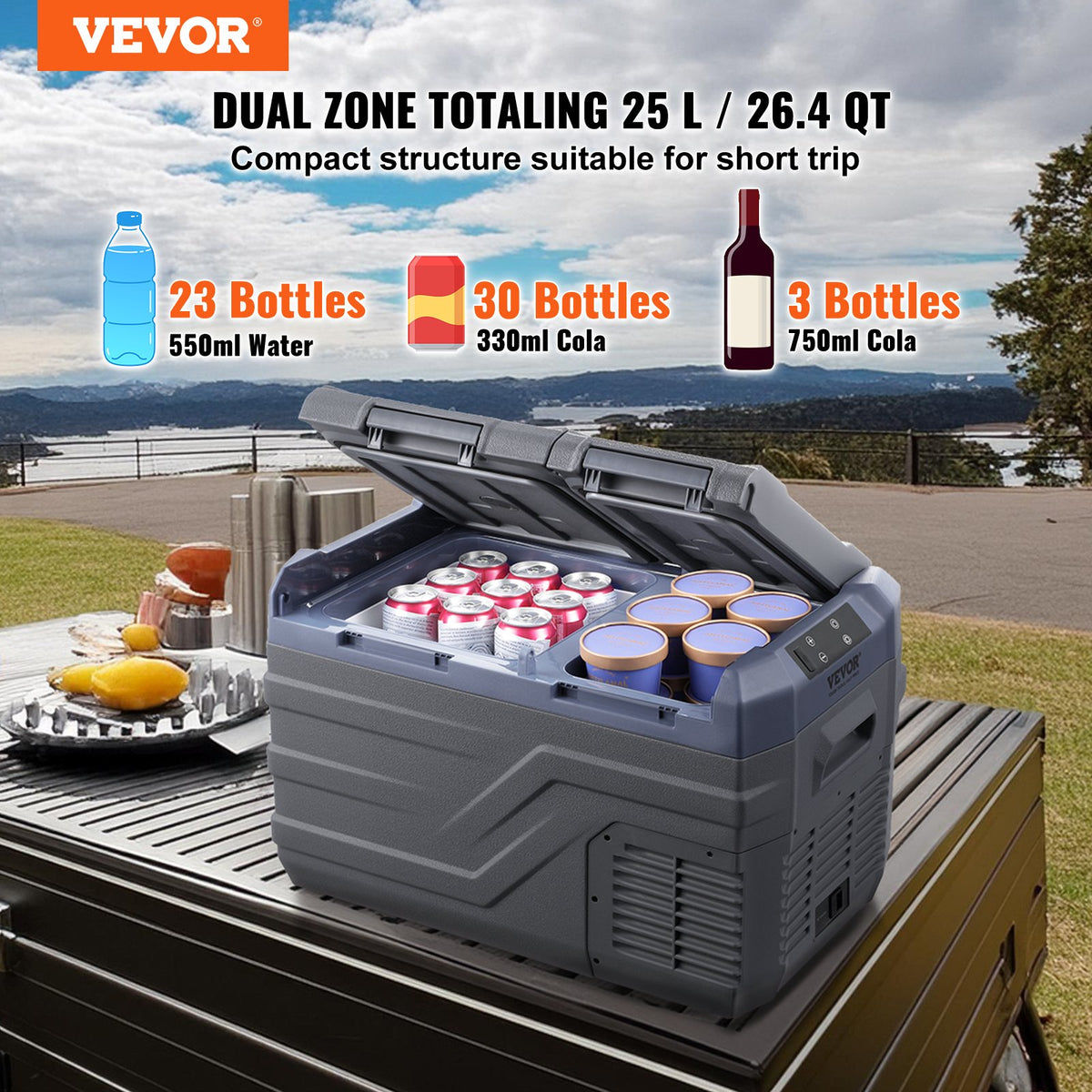 VEVOR Car Refrigerator, 12 Volt Car Refrigerator Fridge, 25 L Dual Zone Portable Freezer, -4℉-68℉ Adjustable Range, 12/24V DC and 100-240V AC Compressor Cooler for Outdoor, Camping, RV