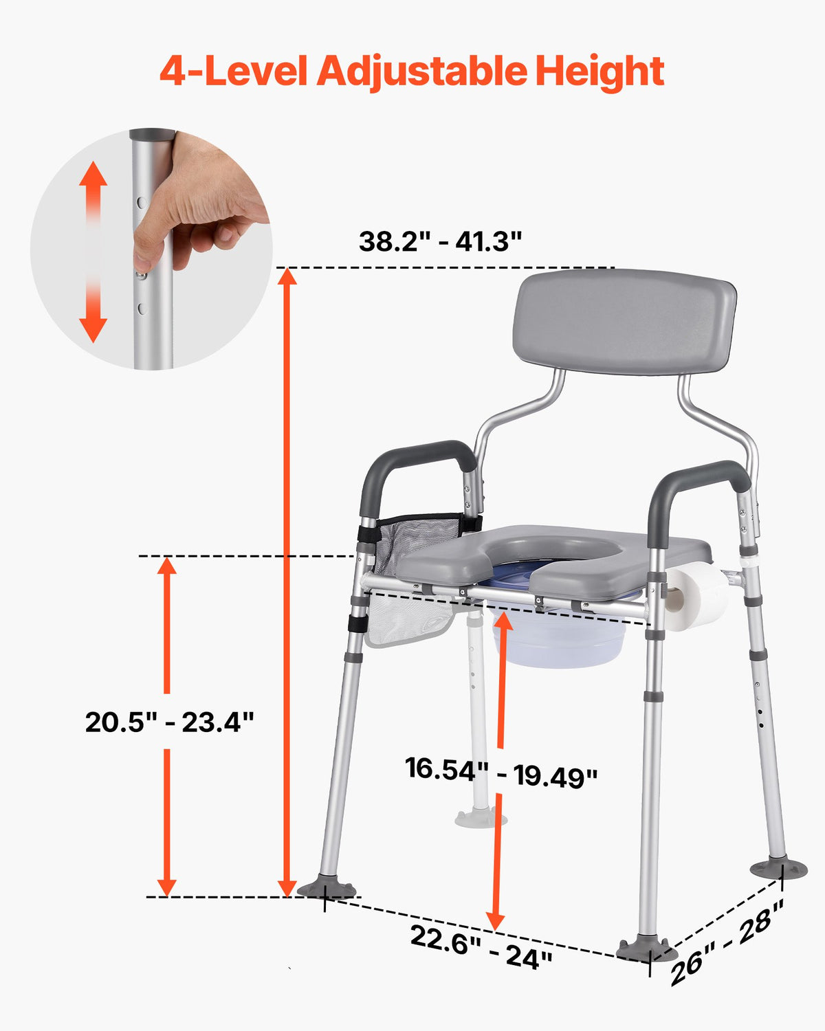 VEVOR Bedside Commode Chair, 227 kg Capacity, 4-in-1 Portable Toilet and Raised Toilet Seat with Padded Seat & Backrest, Detachable 5L Bucket, Adjustable Height & Width Adult Potty Chair for Seniors