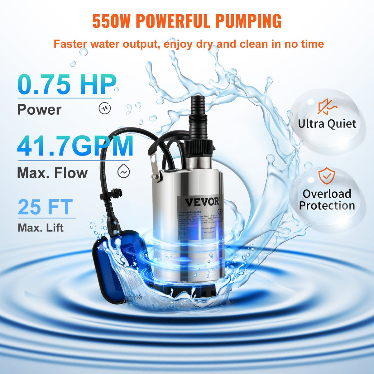 VEVOR Submersible Water Pump, 550W 9500L/H, with 10 m Cord and Automatic Tethered Float Switch, Portable Stainless Steel for Clean, Empty Flooded Area, Swimming Pools, Hot Tubs, for Irrigation