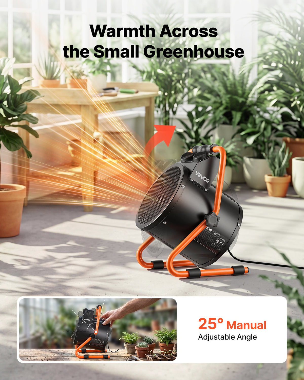 VEVOR Greenhouse Heater, 2000W Electric Space Heater with Fan & High Heat Modes, IPX4 Protection, 25° Adjustable Angle, Overheat Protection, for Grow Tent, Small Greenhouse, Flower Room, Home Office