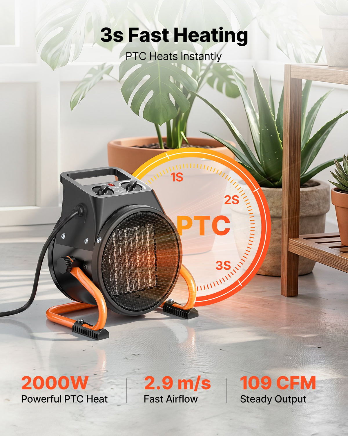 VEVOR Greenhouse Heater, 2000W Electric PTC Space Heater with Fan, Low & High Heat Modes, 15° Adjustable Angle, Overheat Protection, Portable for Grow Tent, Small Greenhouse, Flower Room, Home Office