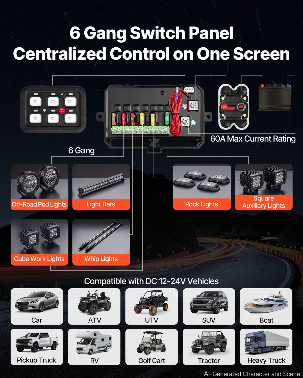 VEVOR 6 Gang Switch Panel RGB Circuit Control Box Backlight Auto-Dimmable, for 12-24V Car Truck Boat ATV UTV SUV, Toggle Momentary Strobe 3 Mode, 1440W 60A, Multifunctional Relay System, Waterproof