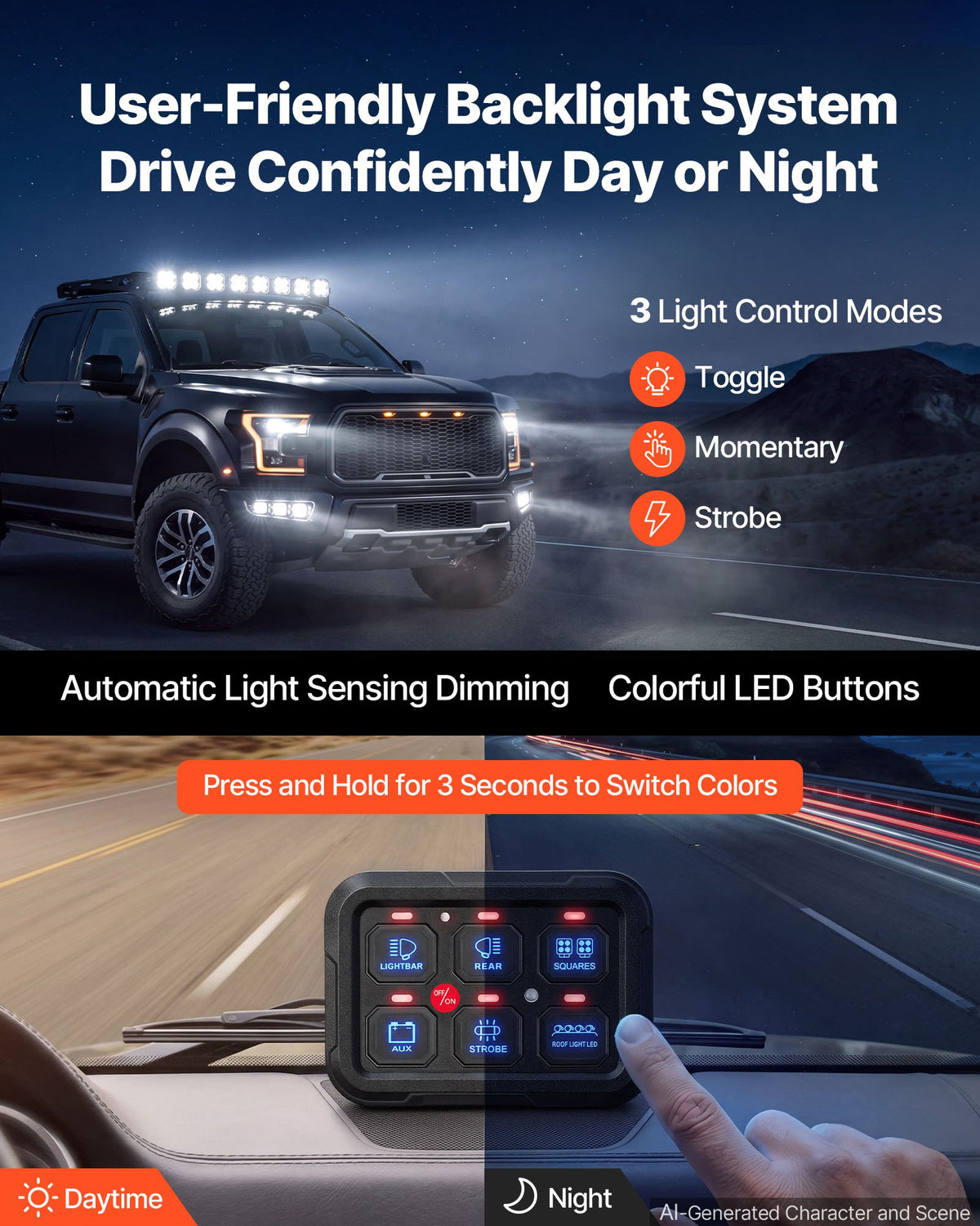 VEVOR 6 Gang Switch Panel RGB Circuit Control Box Backlight Auto-Dimmable, for 12-24V Car Truck Boat ATV UTV SUV, Toggle Momentary Strobe 3 Mode, 1440W 60A, Multifunctional Relay System, Waterproof