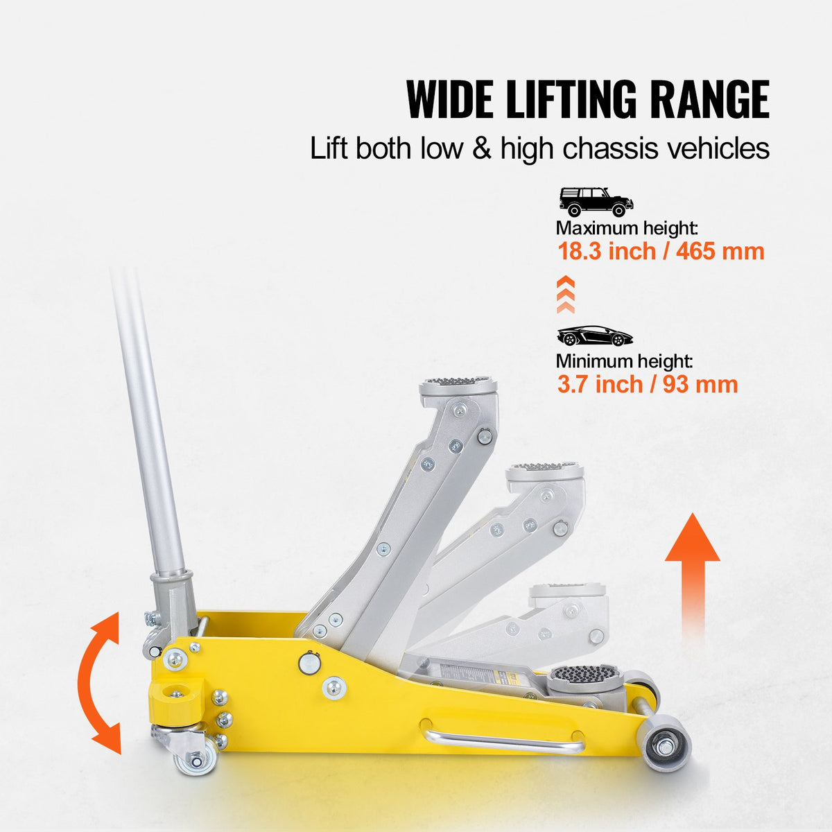VEVOR Low Profile Floor Jack 3 Ton (6600 lbs), Heavy Duty Aluminum Hydraulic Racing Floor Jack, Hydraulic Car Jack, Dual Piston Quick Lift Pump, 3.7"-18.3" Height Lifting Range (Yellow)