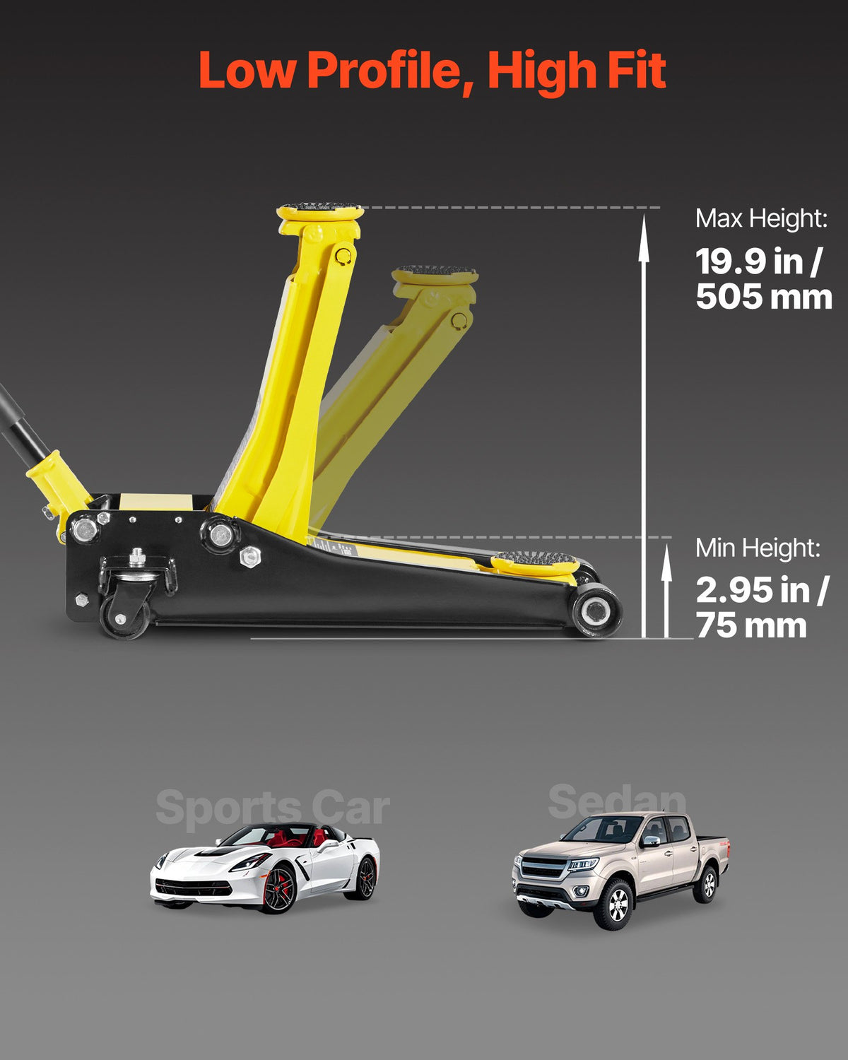 VEVOR Low Profile Floor Jack, Max 2 Ton Capacity, Steel Racing Floor Jack with Dual Pistons Quick Lift Pump, Heavy-Duty Hydraulic Trolley Car Lift for Sports Cars and Sedans, Lifting Range 75-505 mm