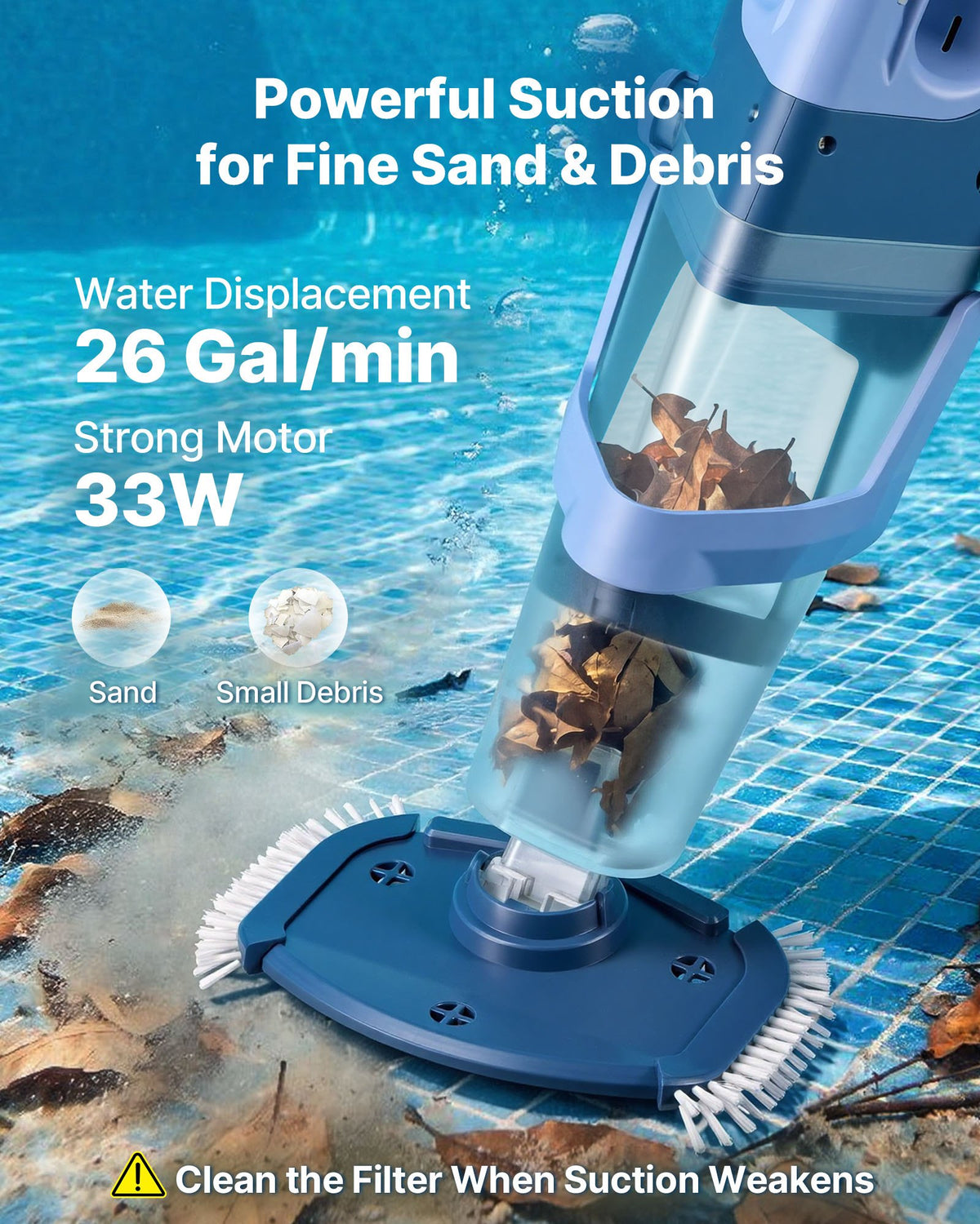 VEVOR Handheld Pool Vacuum, 100 L/min Cordless Spa Hot Tub Vacuum with Extension Pole, 60 Mins Running Time, Powerful Suction for Leaves and Debris, Rechargeable Pool Cleaner for Above Ground Pools