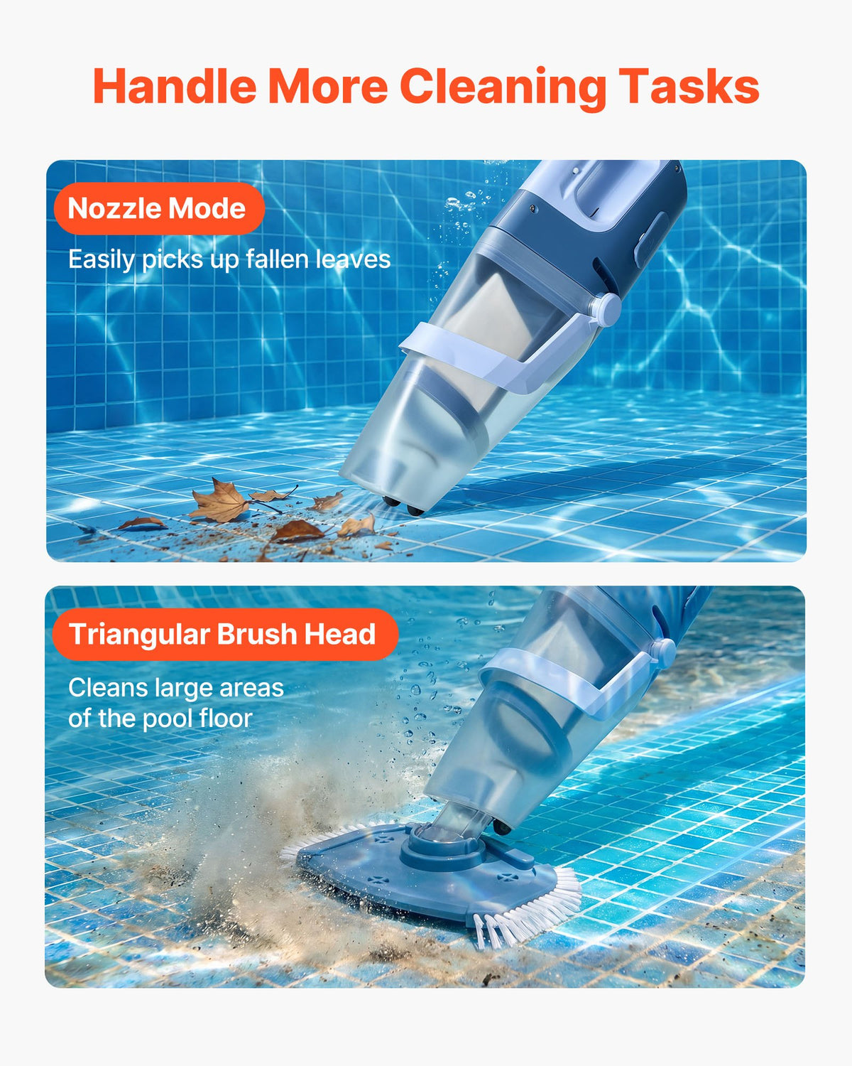 VEVOR Handheld Pool Vacuum, 100 L/min Cordless Spa Hot Tub Vacuum with Extension Pole, 60 Mins Running Time, Powerful Suction for Leaves and Debris, Rechargeable Pool Cleaner for Above Ground Pools