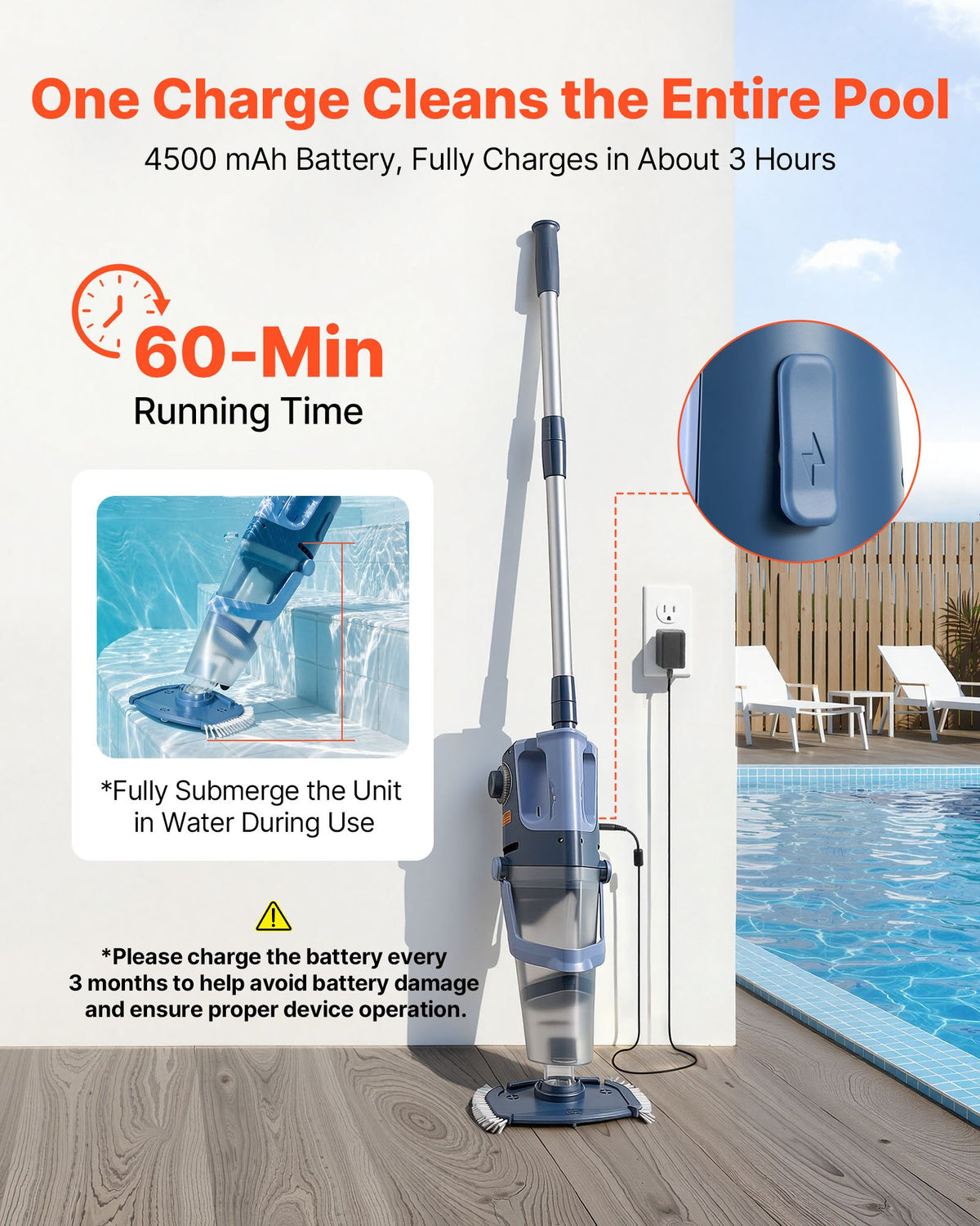 VEVOR Handheld Pool Vacuum, 100 L/min Cordless Spa Hot Tub Vacuum with Extension Pole, 60 Mins Running Time, Powerful Suction for Leaves and Debris, Rechargeable Pool Cleaner for Above Ground Pools
