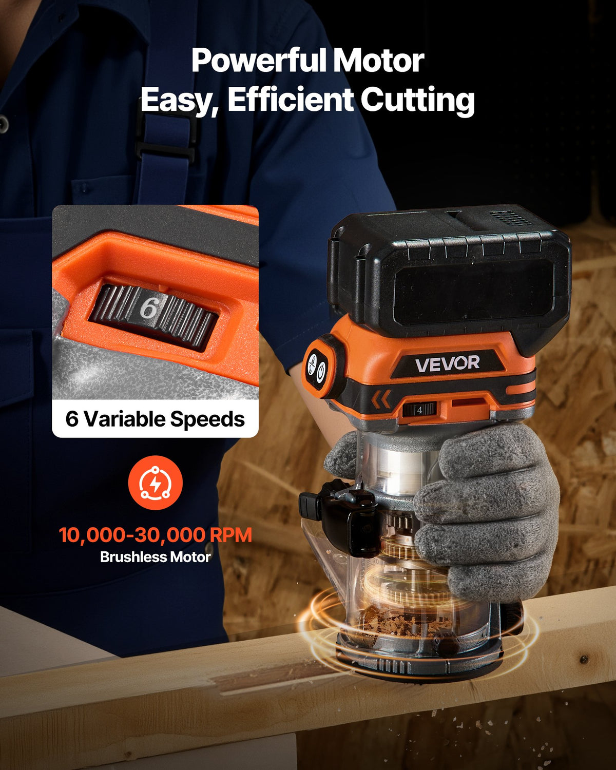 VEVOR Cordless Wood Router, Brushless Motor, Compact Variable Speed Palm Router with Fixed Base, Dust Hood, Edge Trimmer Tool for Woodworking, Compatible with Makita Batteries (Battery Not Included)