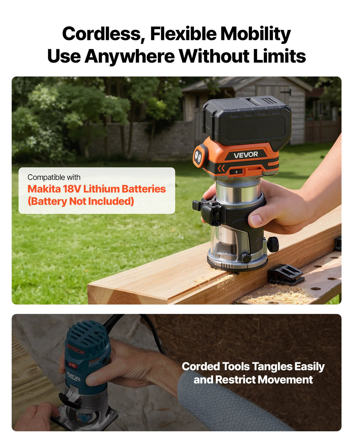 VEVOR Cordless Wood Router, Brushless Motor, Compact Variable Speed Palm Router with Fixed Base, Dust Hood, Edge Trimmer Tool for Woodworking, Compatible with Makita Batteries (Battery Not Included)