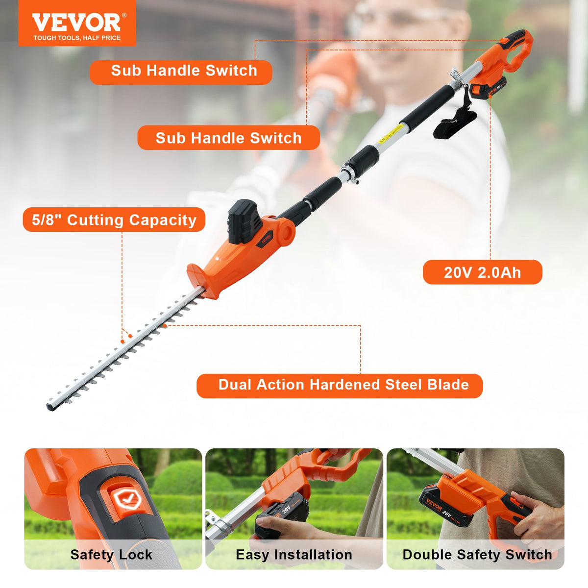 VEVOR 20V Cordless Hedge Trimmer Telescoping Pole Hedge Trimmer 18 inch Blade
