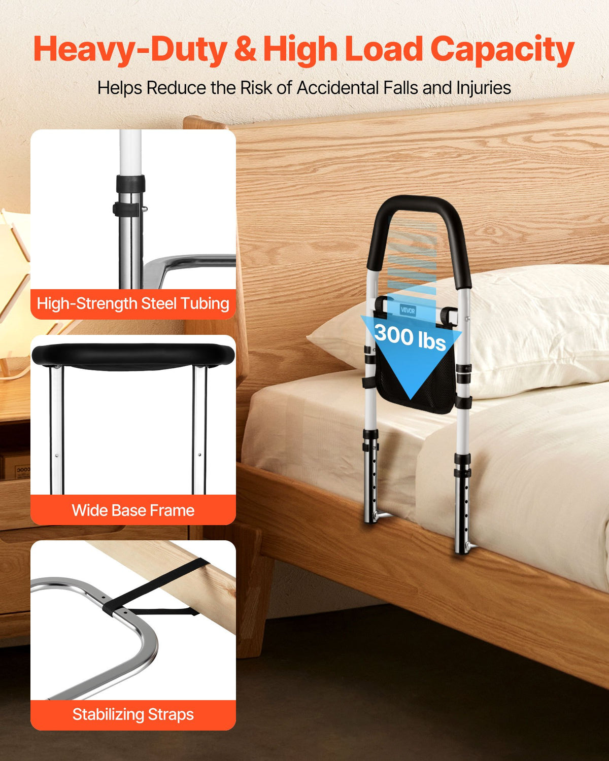 VEVOR Bed Rail for Elderly, Bedside Assist Rails with PU Handrail, Adjustable Height Pipe Bedside Cane, High-Strength Carbon Steel Bed Bars for Seniors & Patients, Fits King, Queen, Full, Twin