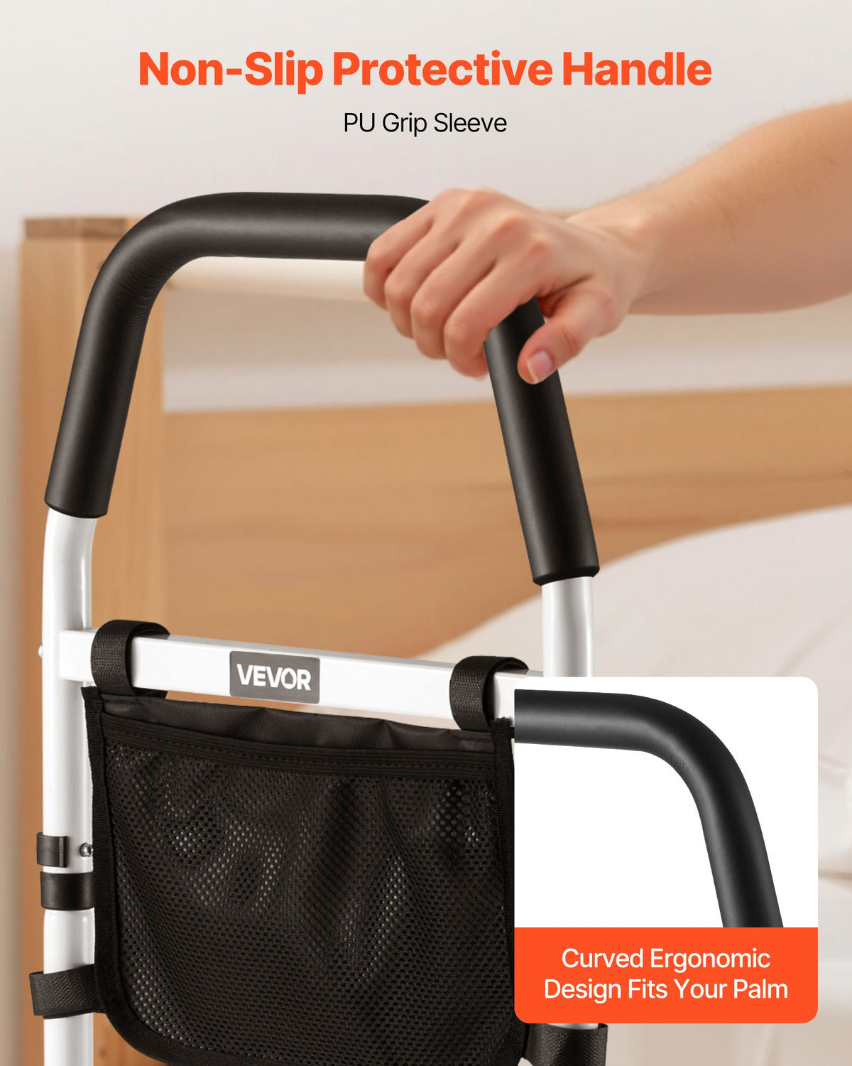 VEVOR Bed Rail for Elderly, Bedside Assist Rails with PU Handrail, Adjustable Height Pipe Bedside Cane, High-Strength Carbon Steel Bed Bars for Seniors & Patients, Fits King, Queen, Full, Twin