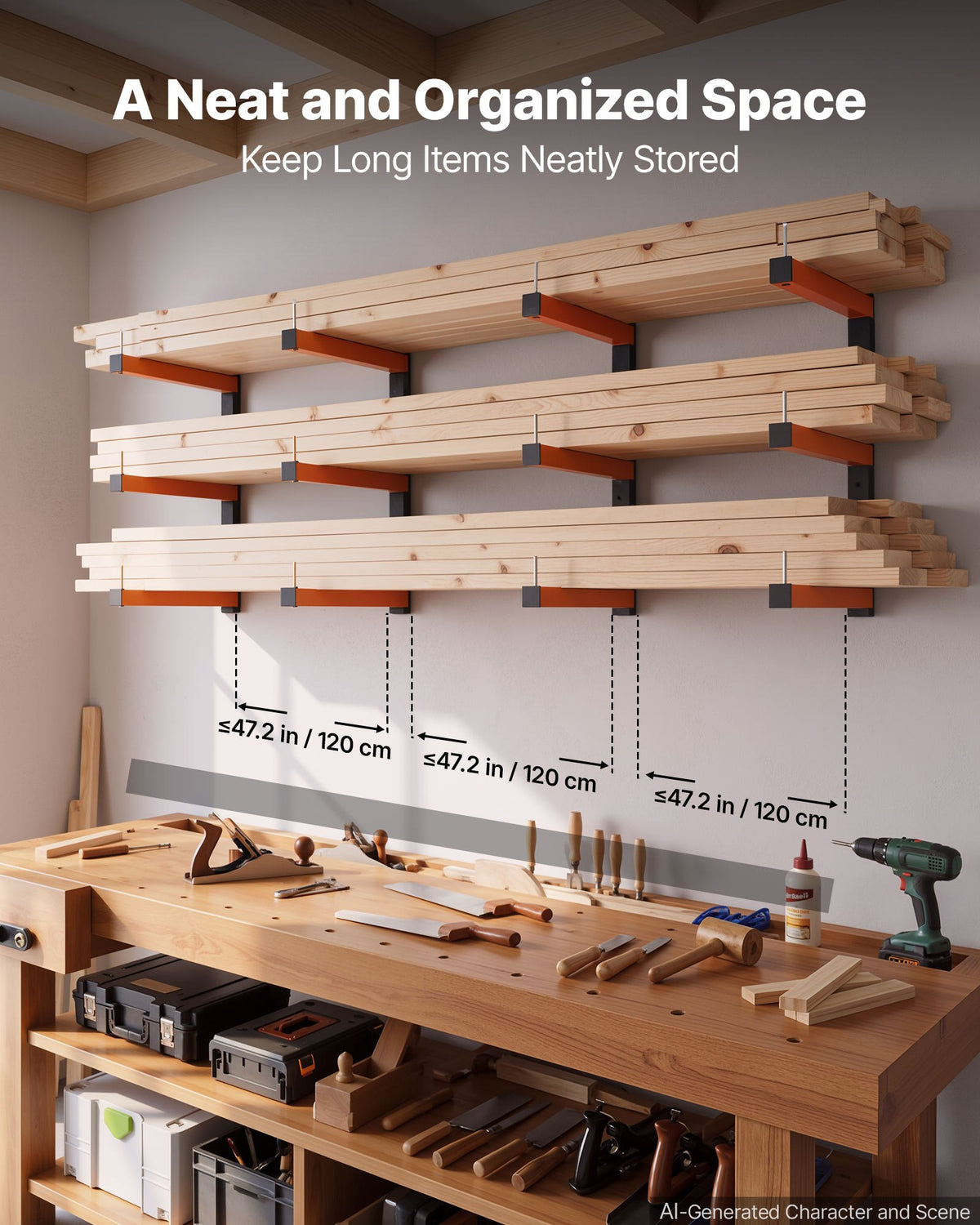 VEVOR Lumber Rack, 3-Tier 4-Pack 50 kg per Tier, Foldable Wood Storage, Wall-mounted for Garages, Workshops, Warehouse, Basement, Heavy-Duty Cantilever Arms, Locking Pins, Steel, Orange & Black