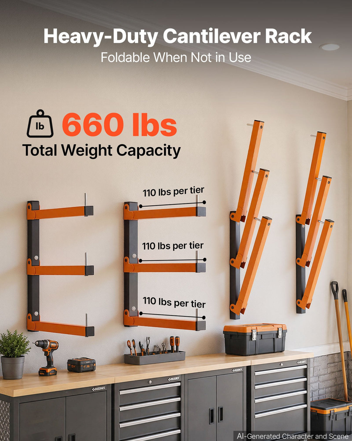 VEVOR Lumber Rack, 3-Tier 4-Pack 50 kg per Tier, Foldable Wood Storage, Wall-mounted for Garages, Workshops, Warehouse, Basement, Heavy-Duty Cantilever Arms, Locking Pins, Steel, Orange & Black