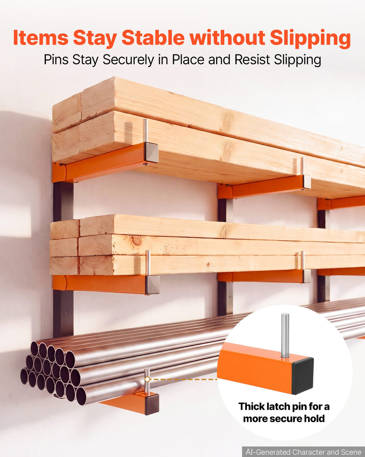 VEVOR Lumber Rack, 3-Tier 4-Pack 50 kg per Tier, Foldable Wood Storage, Wall-mounted for Garages, Workshops, Warehouse, Basement, Heavy-Duty Cantilever Arms, Locking Pins, Steel, Orange & Black