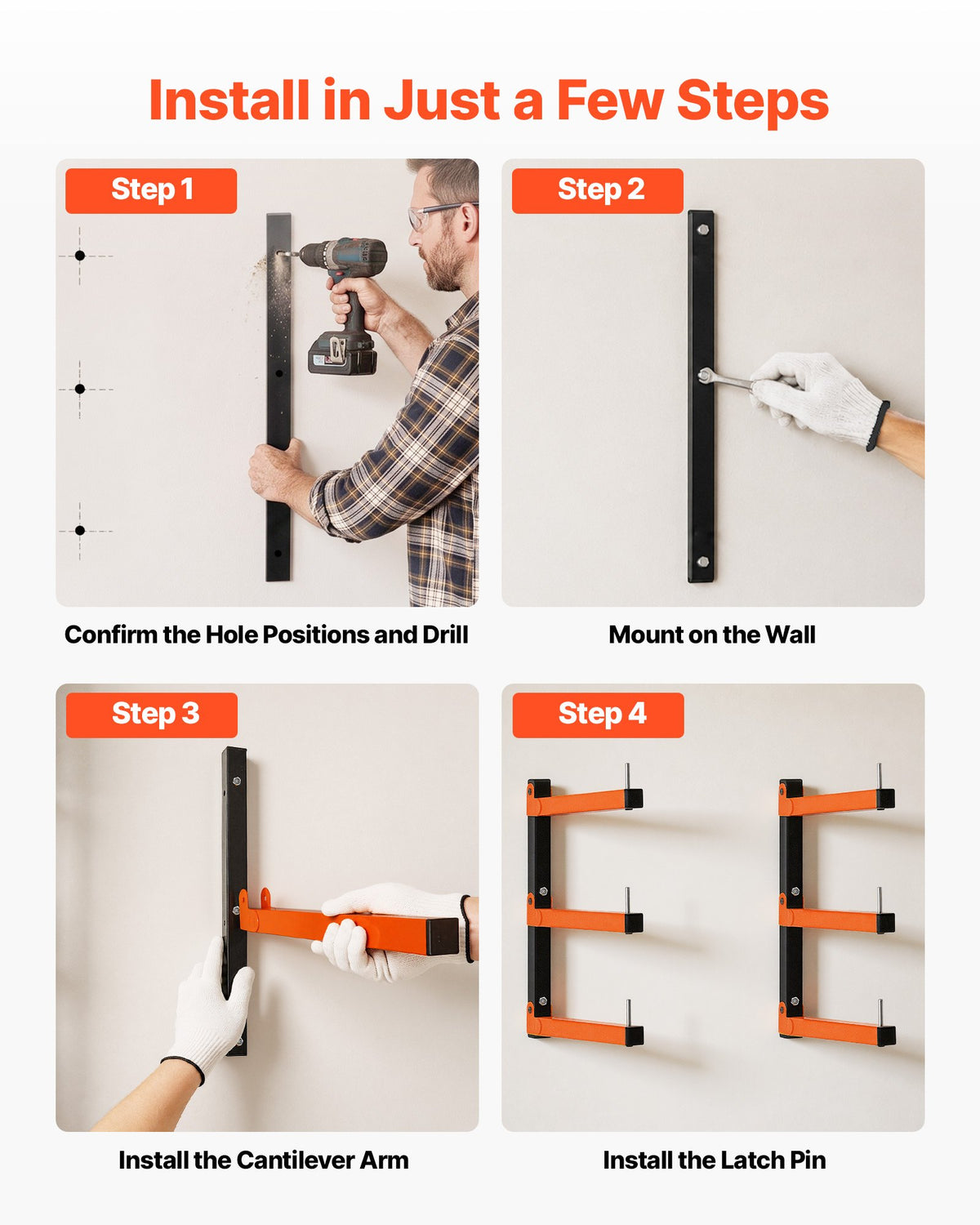 VEVOR Lumber Rack, 3-Tier 4-Pack 50 kg per Tier, Foldable Wood Storage, Wall-mounted for Garages, Workshops, Warehouse, Basement, Heavy-Duty Cantilever Arms, Locking Pins, Steel, Orange & Black