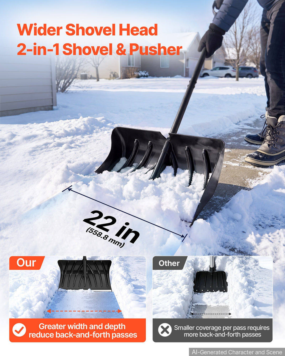 VEVOR Snow Shovel for Driveway 558.8 mm Plastic Shovel with D-Grip Handle, for Home Garden Camping Outdoor Use, Aluminum Strip, Large Capacity Lightweight Snow Removal Tool with Extended Steel Handle