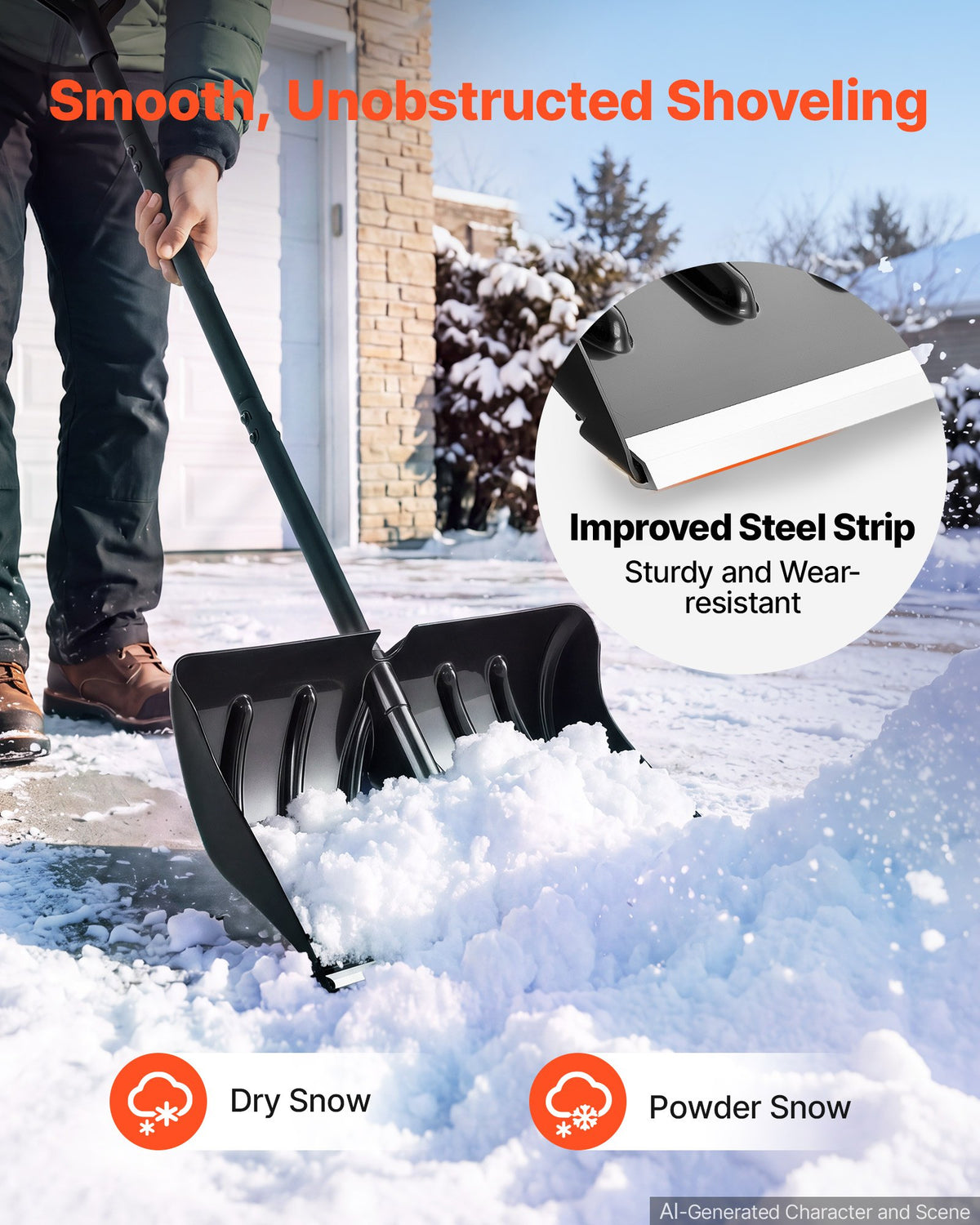 VEVOR Snow Shovel for Driveway 558.8 mm Plastic Shovel with D-Grip Handle, for Home Garden Camping Outdoor Use, Aluminum Strip, Large Capacity Lightweight Snow Removal Tool with Extended Steel Handle