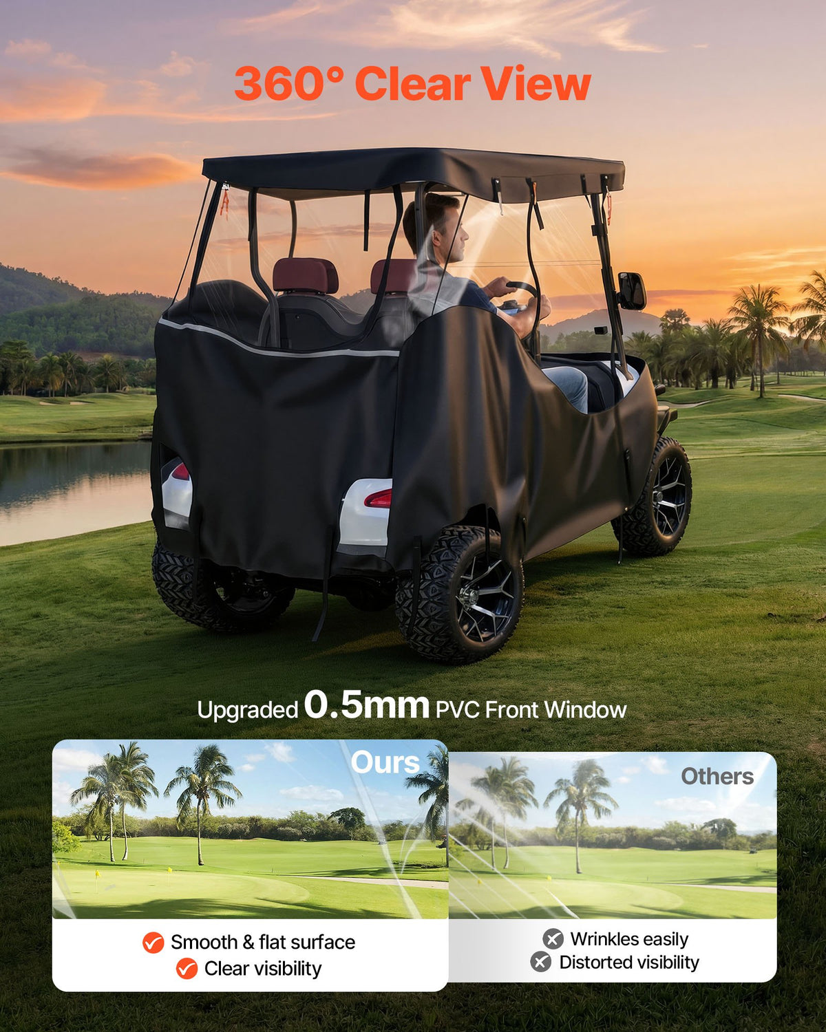 VEVOR Golf Cart Cover, Visible Full-Enclosure 2&2+2 Passenger Golf Cart, 420D Waterproof Oxford Fabric Club Car Cover Fits Most Carts Club Car, Yamaha, EZGO, Honda, PVC Coating & Windproof Hook Design