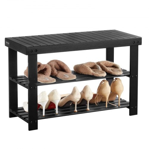 VEVOR Shoe Rack Bench, 3-Tier Bamboo Entryway Bench, Shoe Storage Organizer Holds Up to 286 lbs, 703 x 288 x 451 mm, for Front Door, Hallway, Living Room, Bedroom, Black
