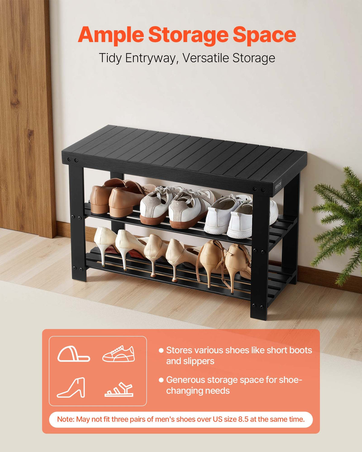 VEVOR Shoe Rack Bench, 3-Tier Bamboo Entryway Bench, Shoe Storage Organizer Holds Up to 286 lbs, 703 x 288 x 451 mm, for Front Door, Hallway, Living Room, Bedroom, Black