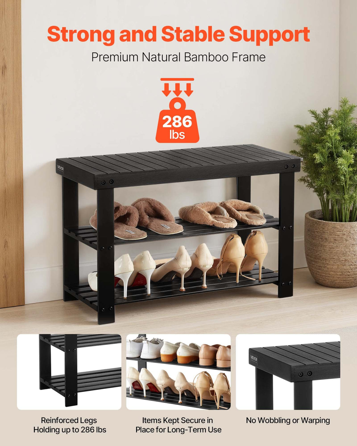 VEVOR Shoe Rack Bench, 3-Tier Bamboo Entryway Bench, Shoe Storage Organizer Holds Up to 286 lbs, 703 x 288 x 451 mm, for Front Door, Hallway, Living Room, Bedroom, Black