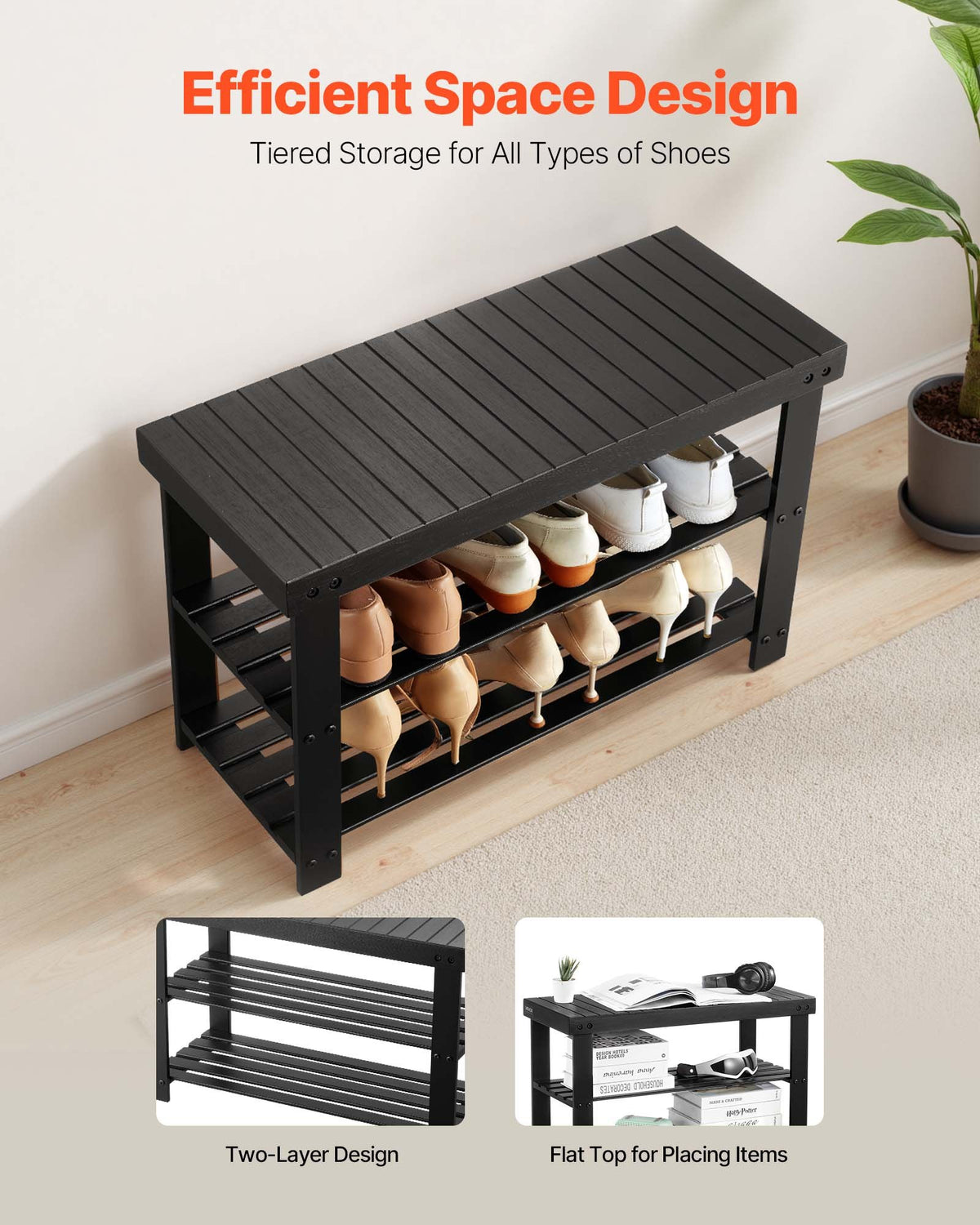 VEVOR Shoe Rack Bench, 3-Tier Bamboo Entryway Bench, Shoe Storage Organizer Holds Up to 286 lbs, 703 x 288 x 451 mm, for Front Door, Hallway, Living Room, Bedroom, Black