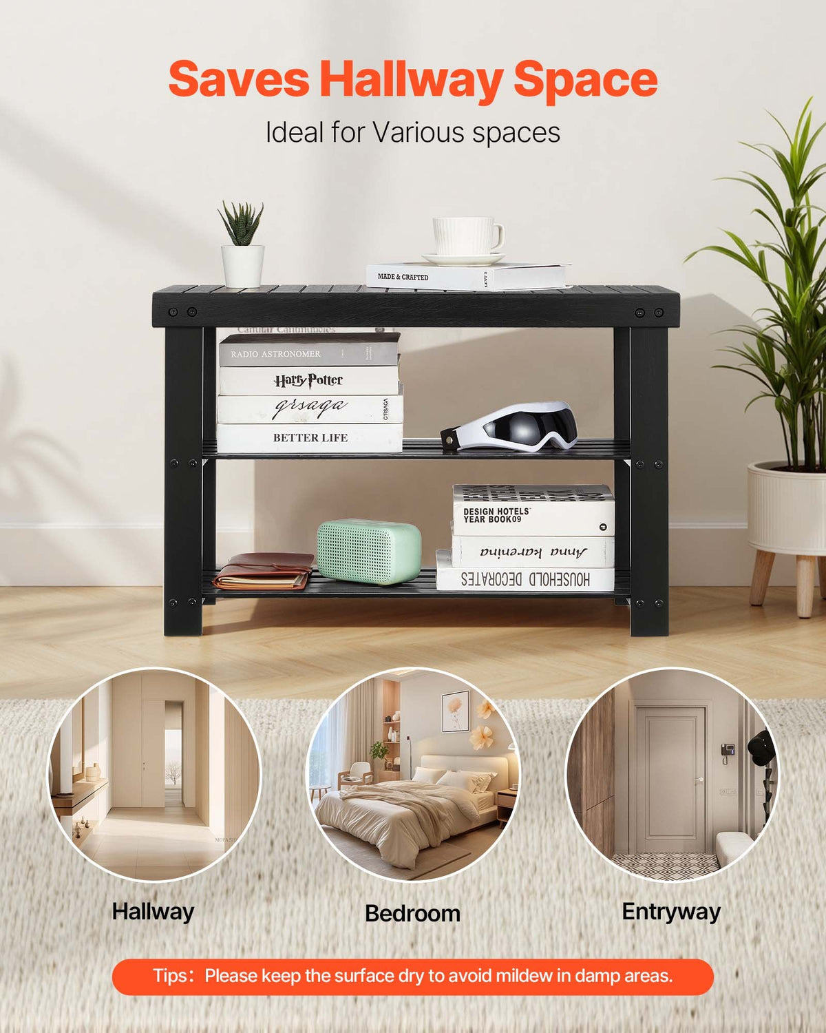 VEVOR Shoe Rack Bench, 3-Tier Bamboo Entryway Bench, Shoe Storage Organizer Holds Up to 286 lbs, 703 x 288 x 451 mm, for Front Door, Hallway, Living Room, Bedroom, Black