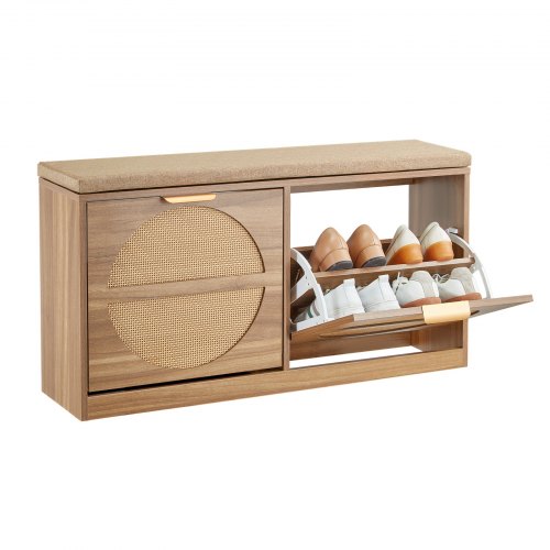 VEVOR Entryway Shoe Storage Bench 98 cm Wide 2-Tier Shoe Bench Rattan-Like, with 2 Flip Drawers, 200 kg Load Capacity Storage Rack with Padded Seat Cushion, for Hallway, Living Room, and Bedroom