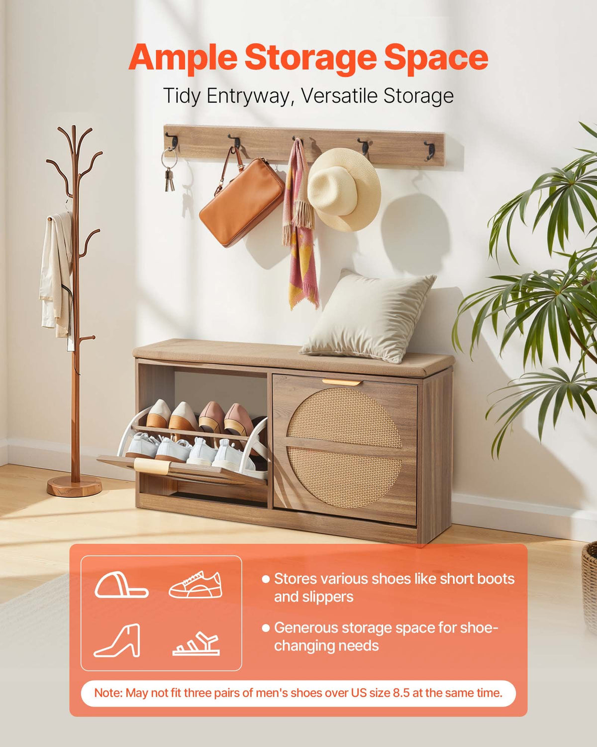VEVOR Entryway Shoe Storage Bench 98 cm Wide 2-Tier Shoe Bench Rattan-Like, with 2 Flip Drawers, 200 kg Load Capacity Storage Rack with Padded Seat Cushion, for Hallway, Living Room, and Bedroom