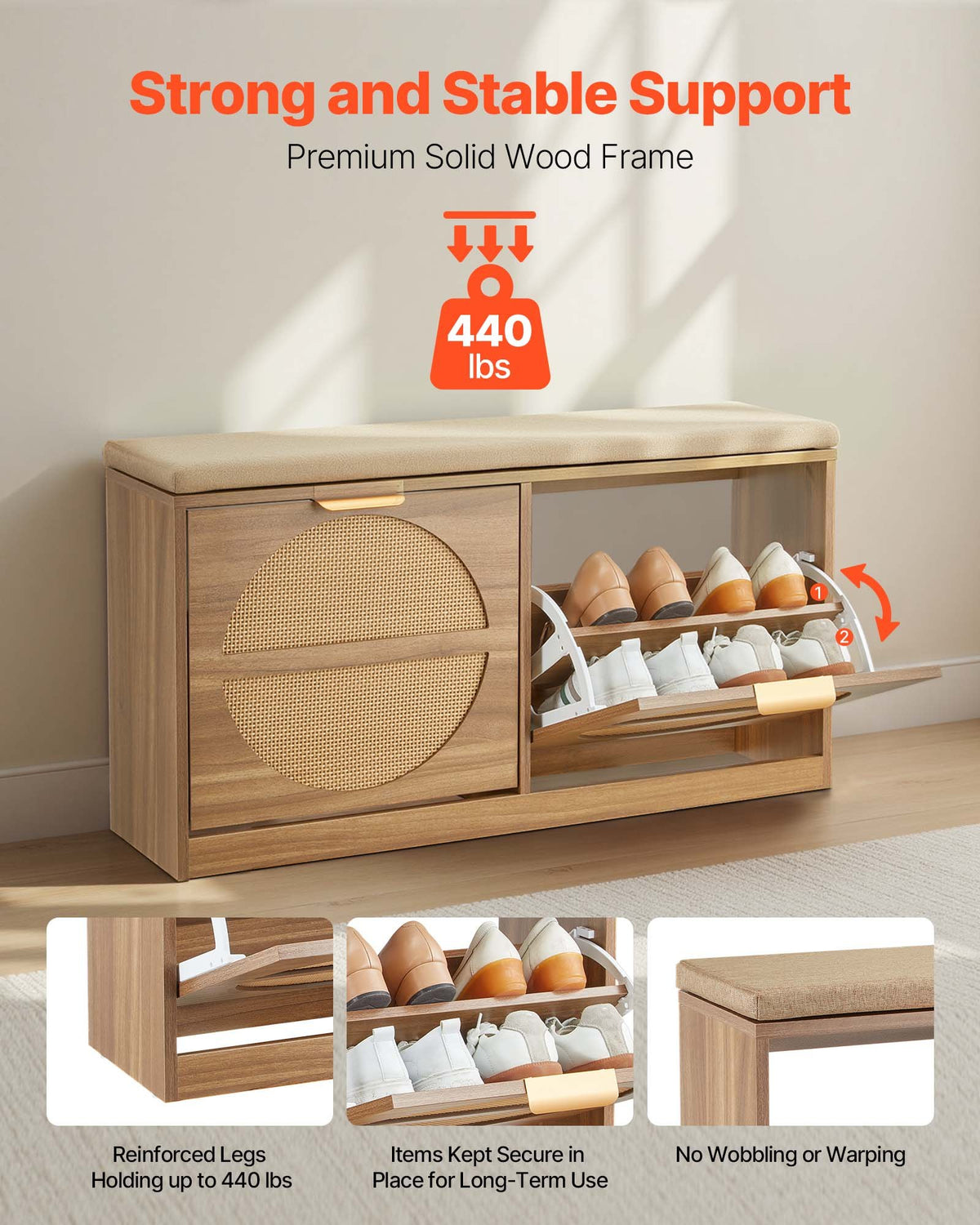 VEVOR Entryway Shoe Storage Bench 98 cm Wide 2-Tier Shoe Bench Rattan-Like, with 2 Flip Drawers, 200 kg Load Capacity Storage Rack with Padded Seat Cushion, for Hallway, Living Room, and Bedroom