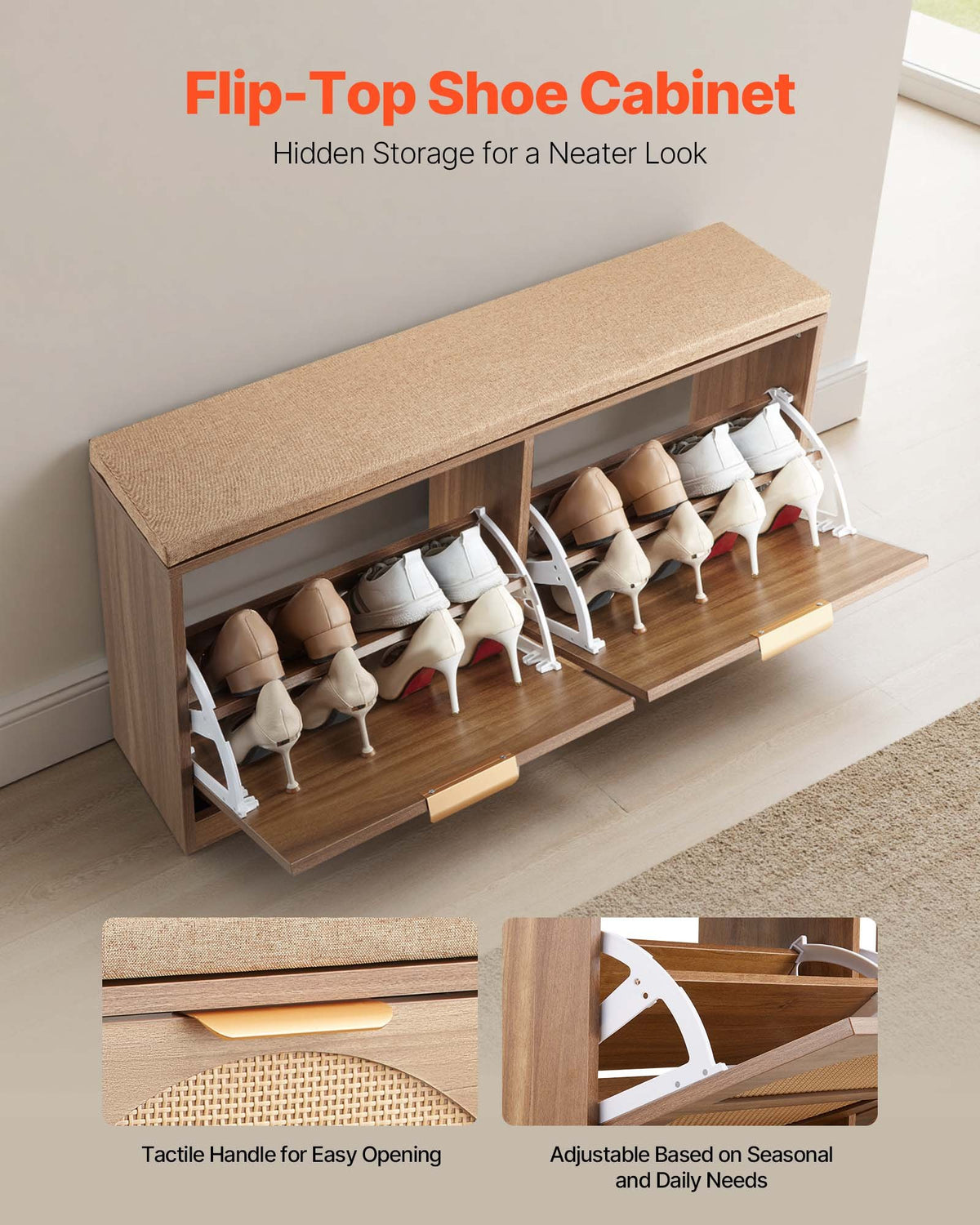 VEVOR Entryway Shoe Storage Bench 98 cm Wide 2-Tier Shoe Bench Rattan-Like, with 2 Flip Drawers, 200 kg Load Capacity Storage Rack with Padded Seat Cushion, for Hallway, Living Room, and Bedroom