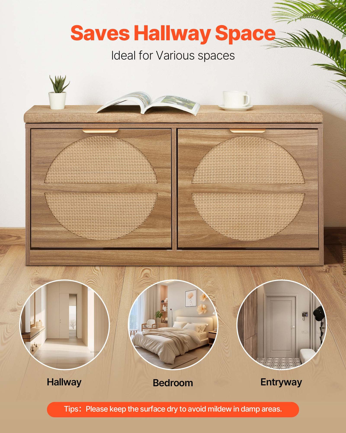 VEVOR Entryway Shoe Storage Bench 98 cm Wide 2-Tier Shoe Bench Rattan-Like, with 2 Flip Drawers, 200 kg Load Capacity Storage Rack with Padded Seat Cushion, for Hallway, Living Room, and Bedroom