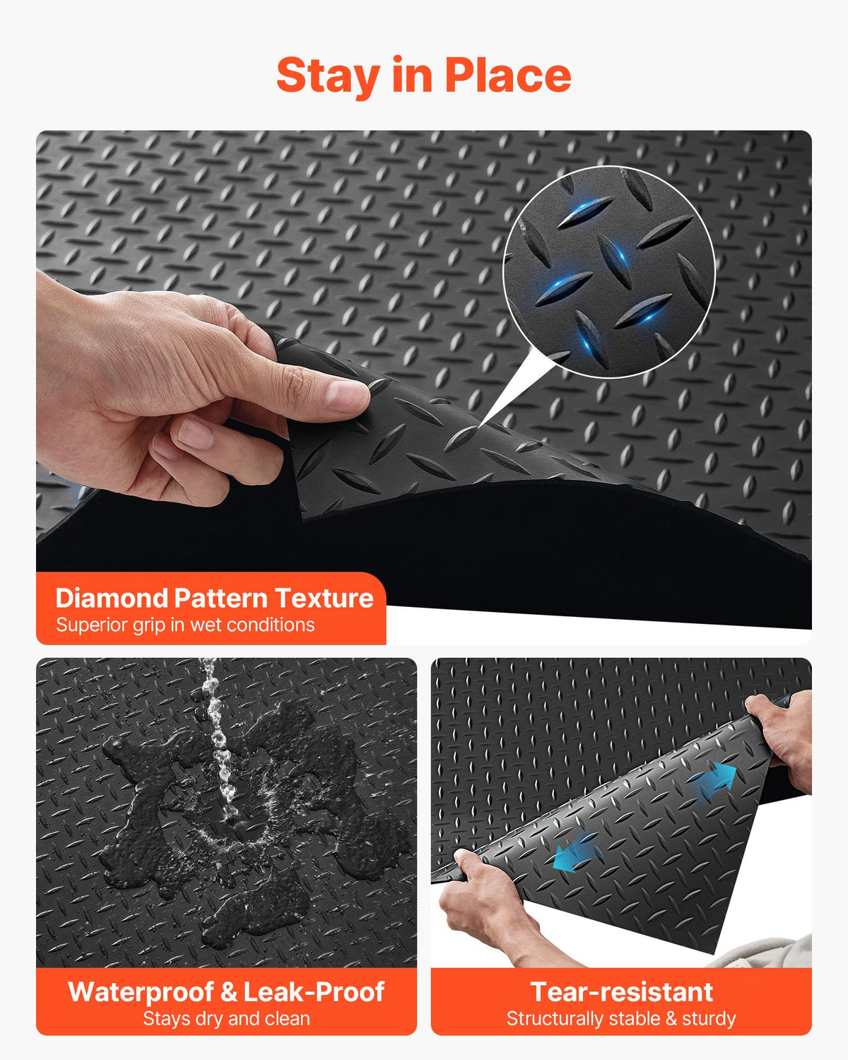 VEVOR Garage Floor Roll, 1.22 x 7.62 m Garage Flooring Mat, 3 mm Thickened Rubber Diamond Plate Floor Protector Mat, Non-Slip, Wear-resist Waterproof, Easy to Clean for Warehouse, Gyms, Trailer, Black