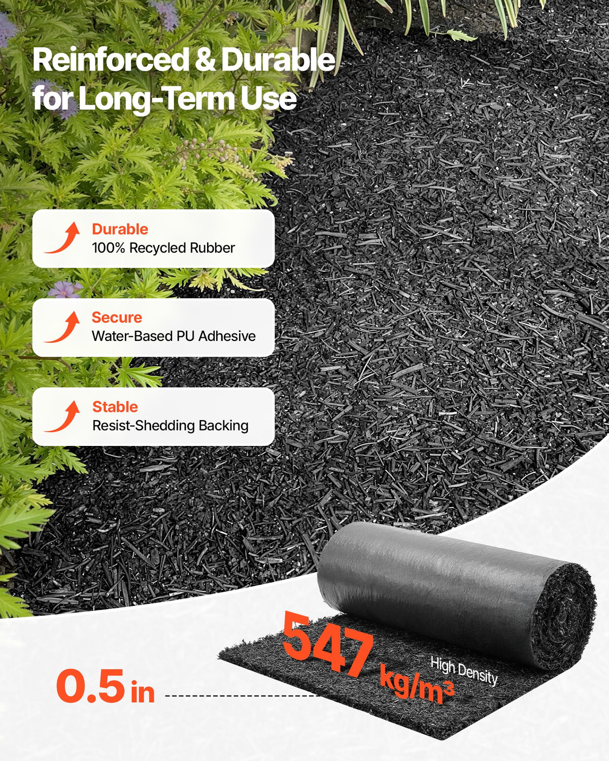 VEVOR Rubber Mulch Mat Roll, 2 Rolls 244 x 59 cm Recycled Rubber Mulch Mat, 0.5 Thick Cuttable, Reduced Weed Growth, Natural-Looking Weed Barrier Mat, Permanent Walkway Pathway for Landscaping
