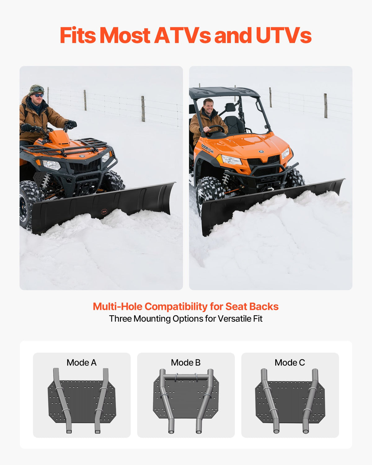 VEVOR Snow Plow Kit, 1524 mm Universal Snow Plow Attachment, Height & Left-Right Adjustable, Quick To Detach, Steel ATV Scrape Blade, 3 Mount Options, Efficient Snows Clearing, for Most ATVs & UTVs