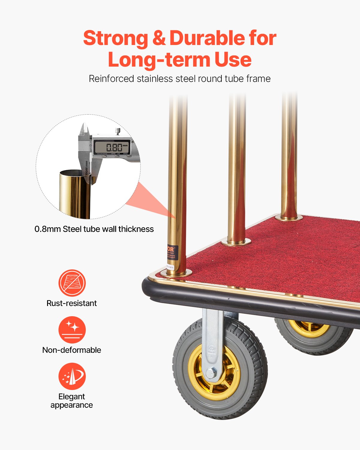VEVOR Hotel Luggage Cart, 1500 LBS Load Capacity, Brushed Stainless Steel Bellman's Cart Curved Uprights, Valet Cart with Red Carpeted Deck and 8-inch Rubber Wheels, Ideal for Hotels, Condos, Resorts
