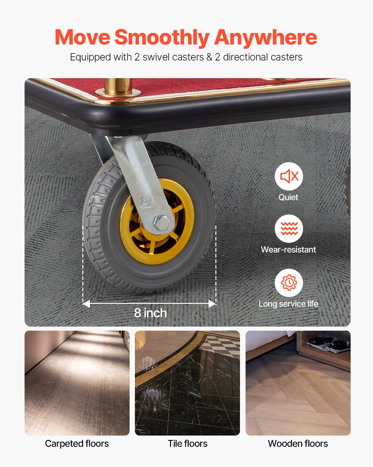 VEVOR Hotel Luggage Cart, 1500 LBS Load Capacity, Brushed Stainless Steel Bellman's Cart Curved Uprights, Valet Cart with Red Carpeted Deck and 8-inch Rubber Wheels, Ideal for Hotels, Condos, Resorts