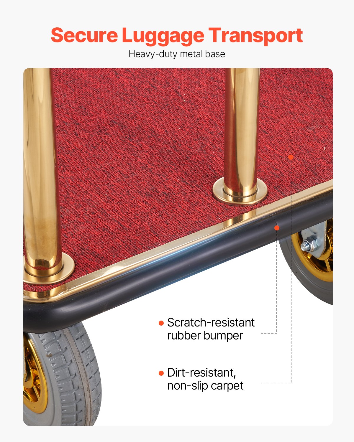 VEVOR Hotel Luggage Cart, 1500 LBS Load Capacity, Brushed Stainless Steel Bellman's Cart Curved Uprights, Valet Cart with Red Carpeted Deck and 8-inch Rubber Wheels, Ideal for Hotels, Condos, Resorts