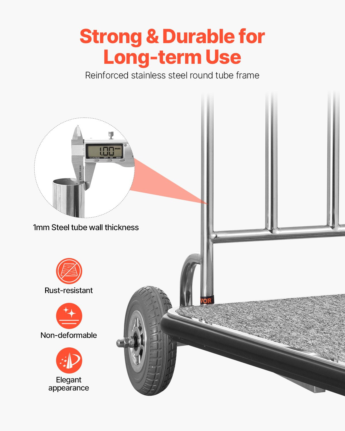 VEVOR Luggage Cart, 600 LBS Load Capacity, 3 Wheel Stainless Steel Bellman Cart, Valet Cart with Grey Carpeted Deck and Rubber Wheels, Ideal for Convention Centers, Hotels, Rental Properties, Silver