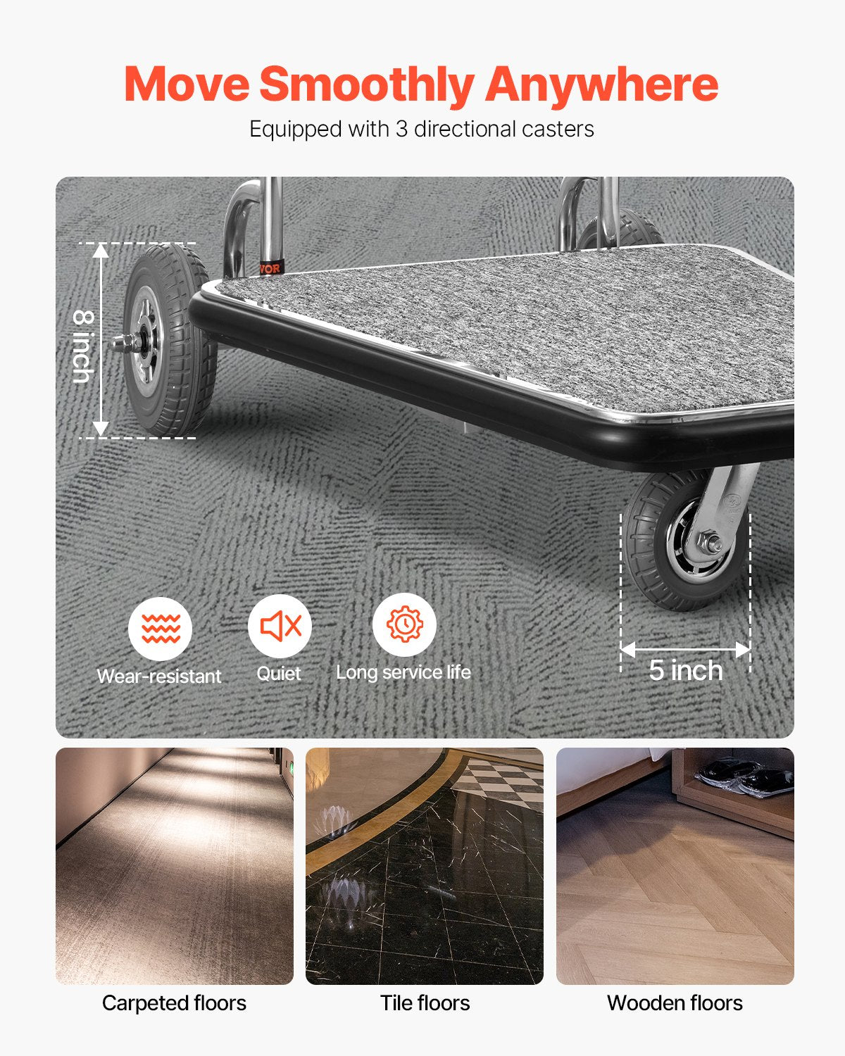 VEVOR Luggage Cart, 600 LBS Load Capacity, 3 Wheel Stainless Steel Bellman Cart, Valet Cart with Grey Carpeted Deck and Rubber Wheels, Ideal for Convention Centers, Hotels, Rental Properties, Silver