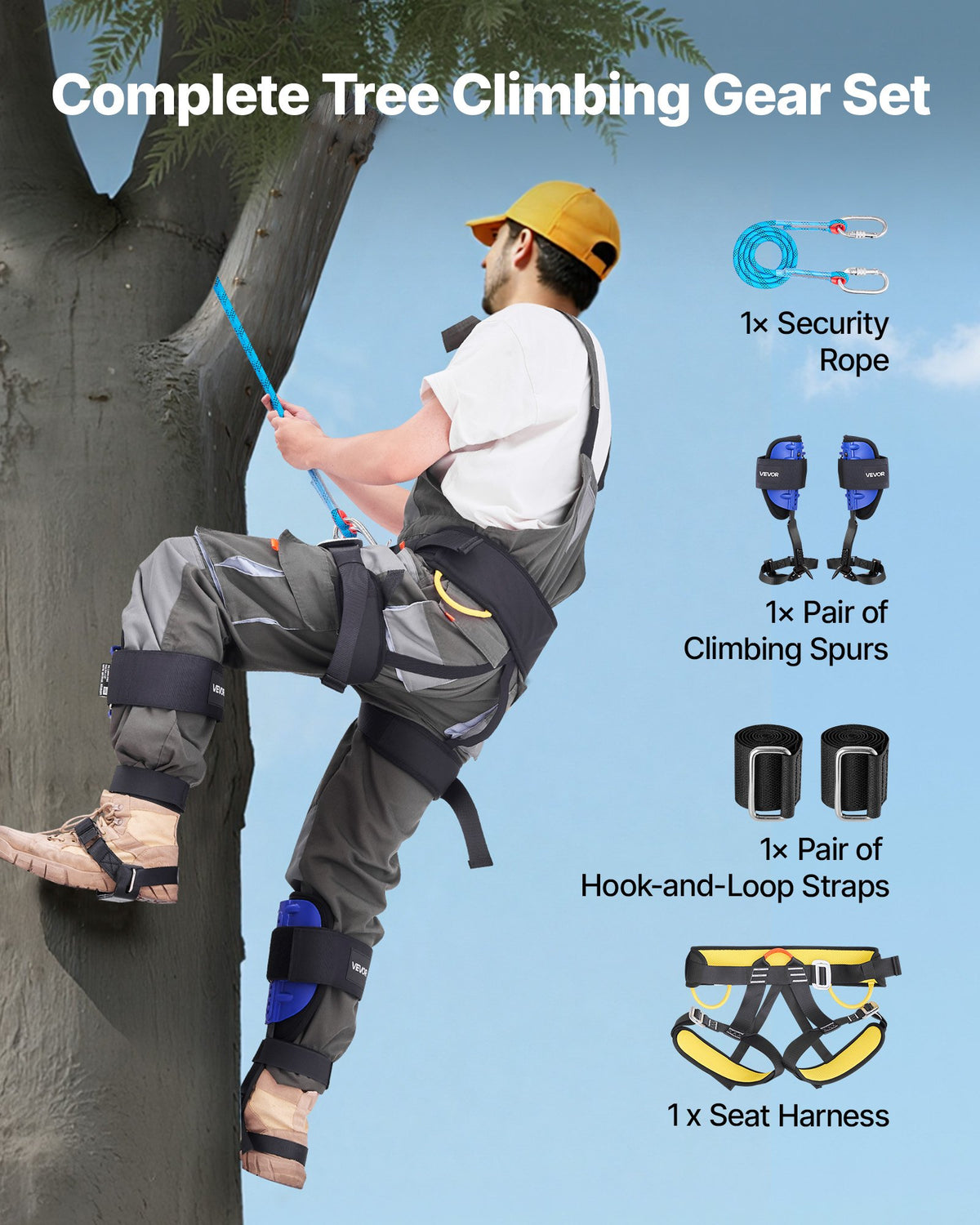 VEVOR Tree Climbing Spikes Set, Height-Adjustable Tree Climbing Gear with Straps & Harness, 159 kg Load Capacity, Heavy Duty Steel Climb Spurs Arborist Equipment for Fruit Picking Hunting