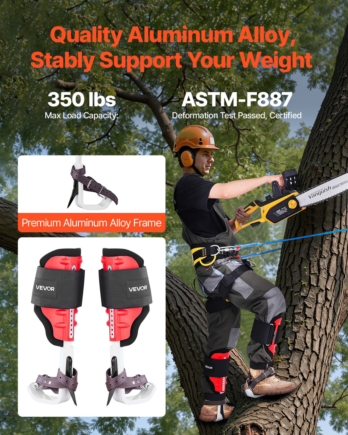 VEVOR Tree Climbing Spikes Set, Height-Adjustable Tree Climbing Gear with Straps & Spike Protectors, 159 kg Load Capacity, Durable Aluminum Climb Spurs Arborist Equipment for Fruit Picking Hunting
