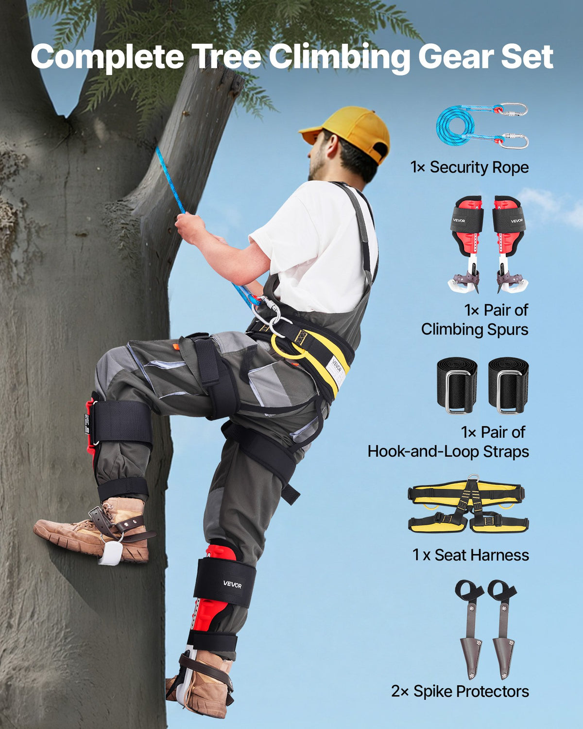 VEVOR Tree Climbing Spikes Set, Height-Adjustable Tree Climbing Gear with Straps & Spike Protectors, 159 kg Load Capacity, Durable Aluminum Climb Spurs Arborist Equipment for Fruit Picking Hunting