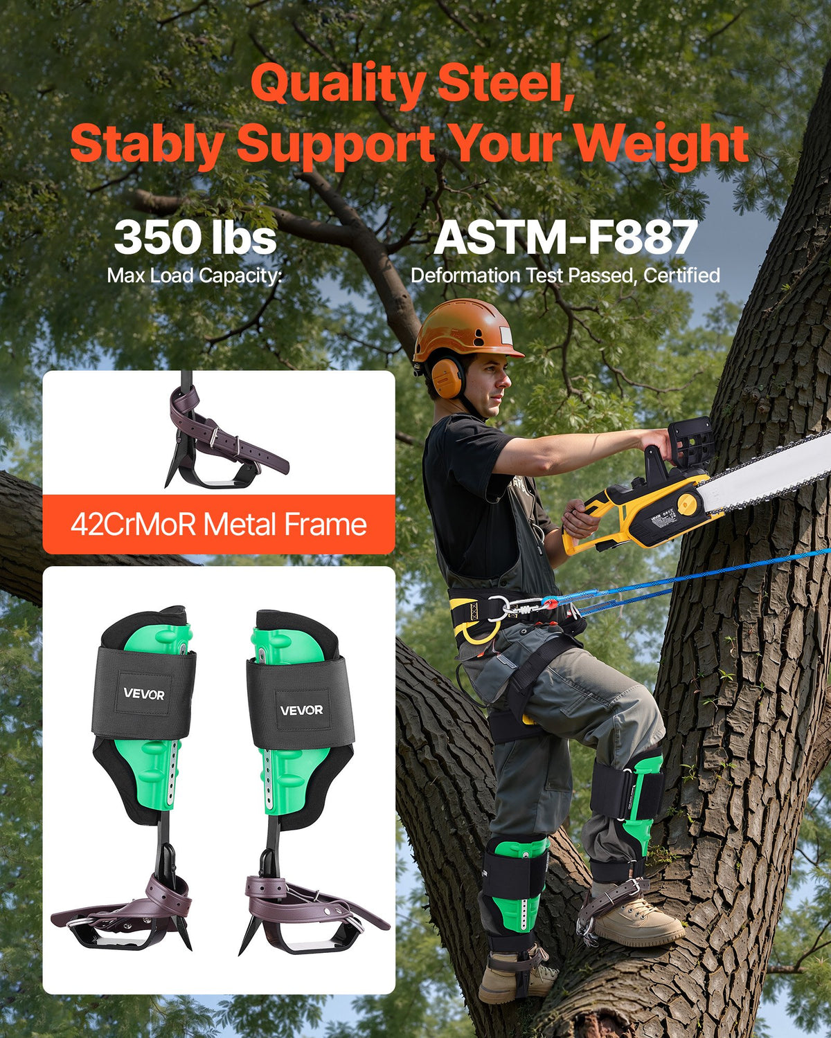 VEVOR Tree Climbing Spikes Set, Height-Adjustable Tree Climbing Gear with Straps & Spike Protectors, 159 kg Load Capacity, Heavy Duty Steel Climb Spurs Arborist Equipment for Fruit Picking Hunting