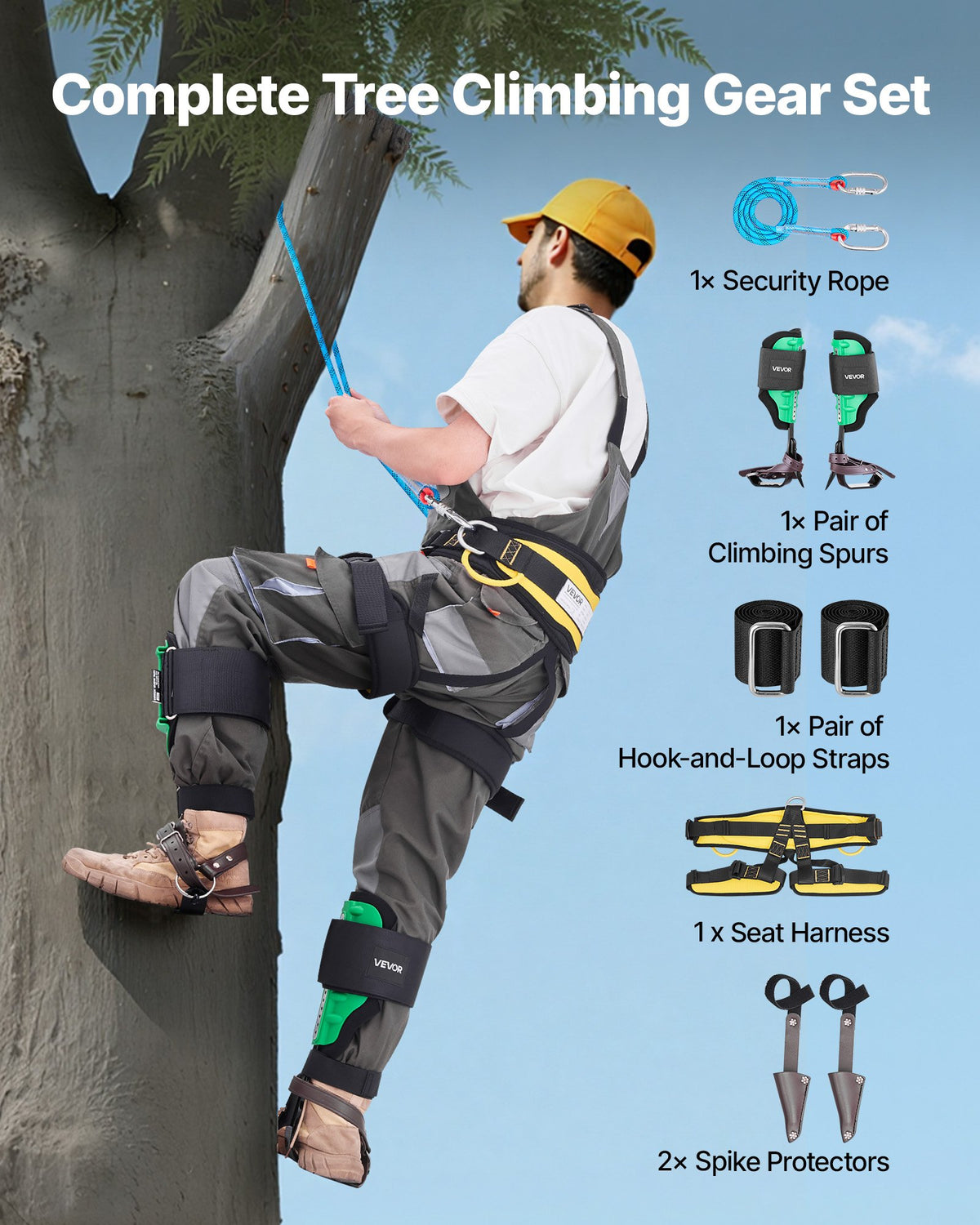 VEVOR Tree Climbing Spikes Set, Height-Adjustable Tree Climbing Gear with Straps & Spike Protectors, 159 kg Load Capacity, Heavy Duty Steel Climb Spurs Arborist Equipment for Fruit Picking Hunting